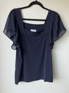 Calvin Klein Navy Square Neck Flutter-Sleeve Blouse